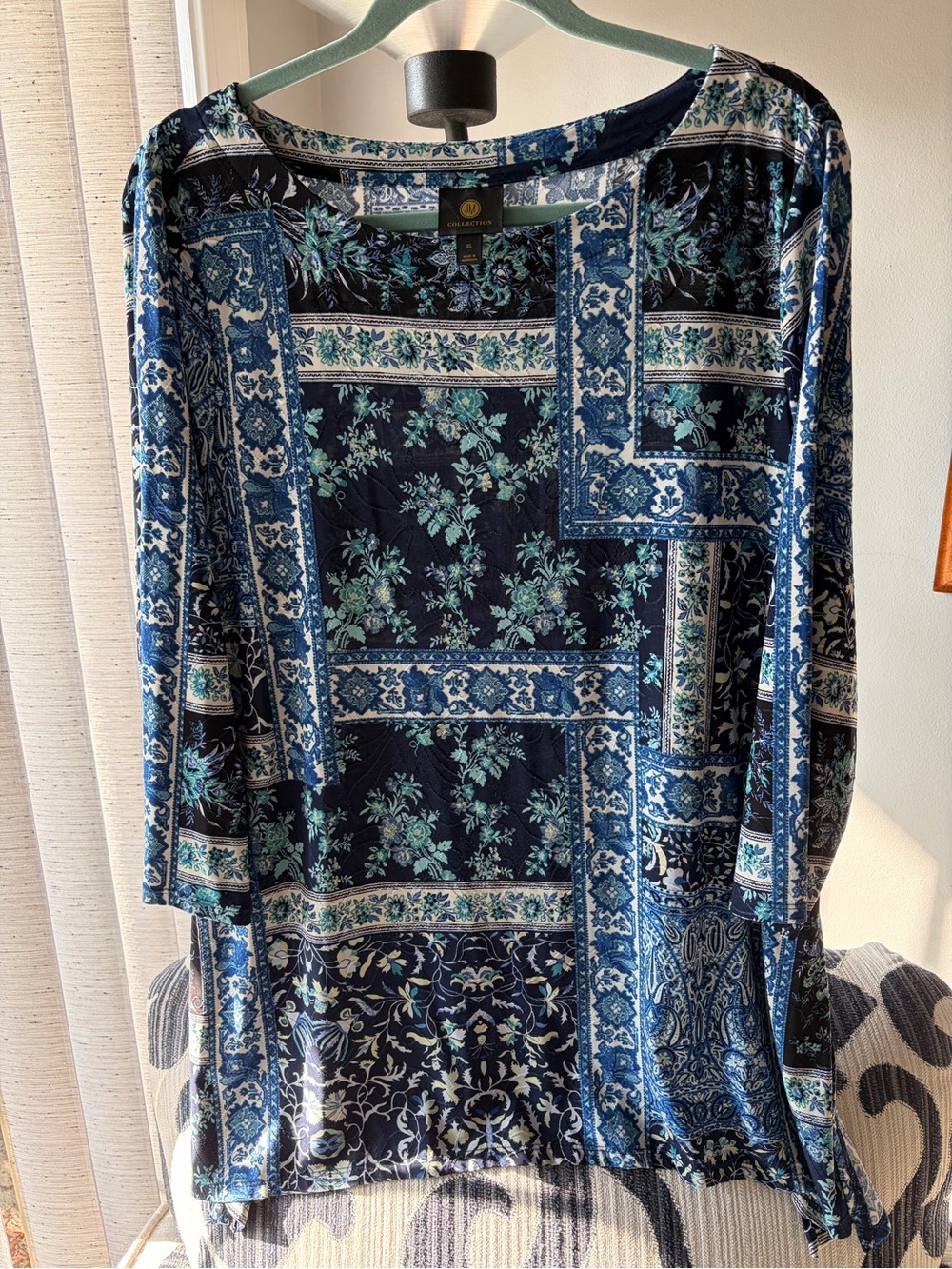 Navy Floral Patchwork Flowy Women's Tunic Top - XL